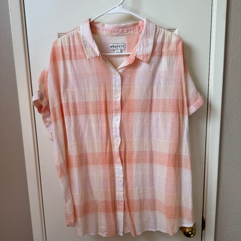 Peachy Pink Plaid Button Down